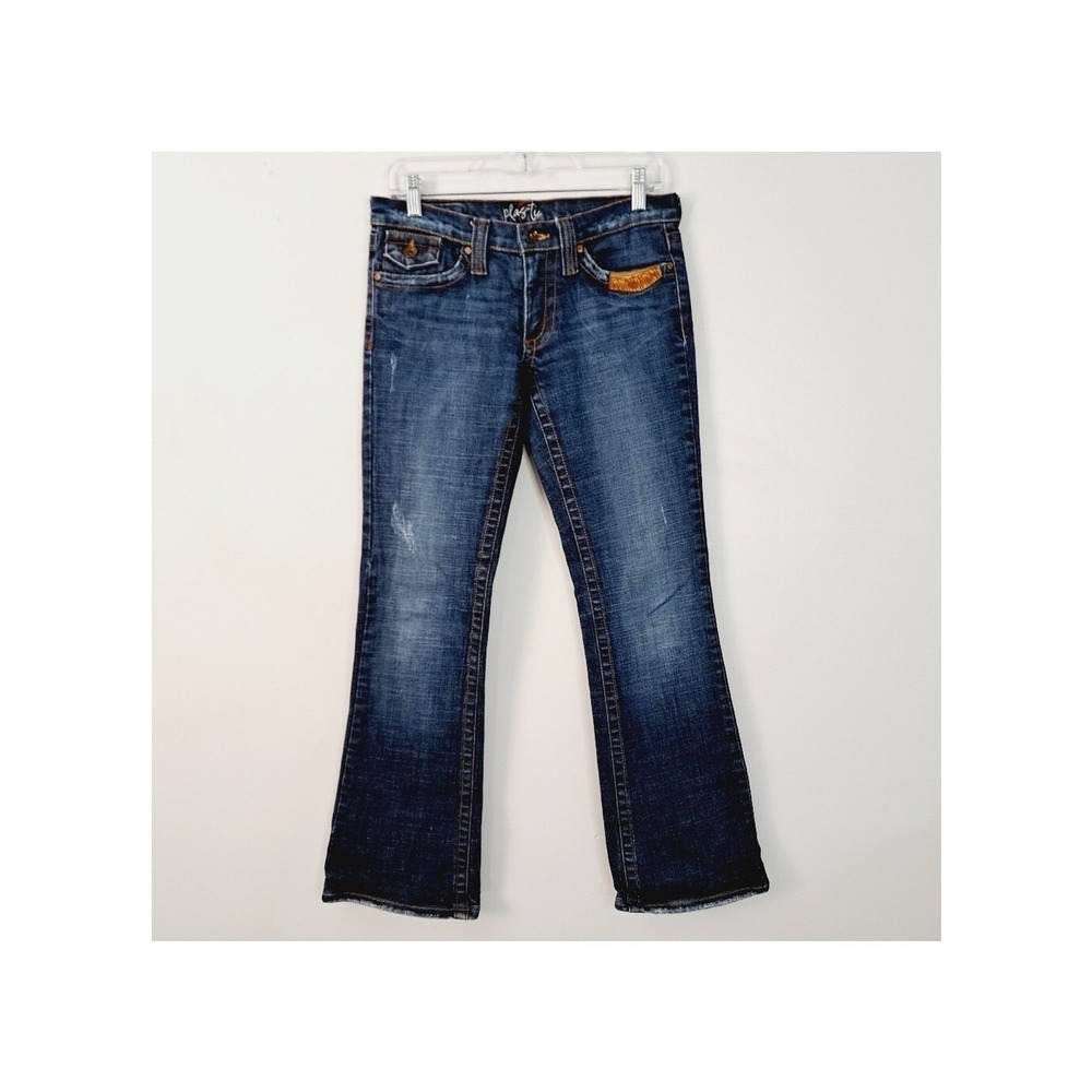 Plastic Bootcut Jeans Women Size 9 Blue Flap Pocket Contrast Stitch 1229FL